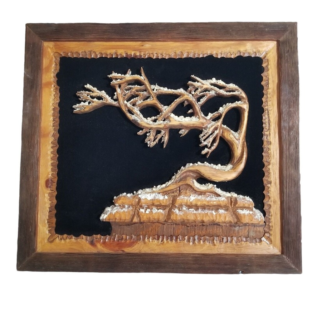 Vintage 3D Wood Carving Wall Hanging Art Framed Tree on Black Velvet